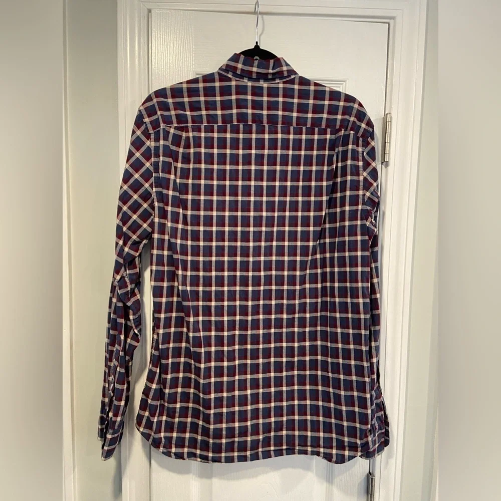 J. Crew Mens Size M Blue Burgundy Plaid Cotton Flex Slim Button Down Shirt
